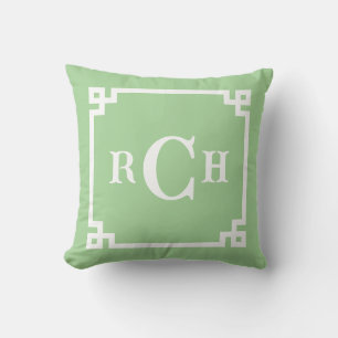 Sage Green Reverse Chinoiserie Greek Key Monogram Throw Pillow
