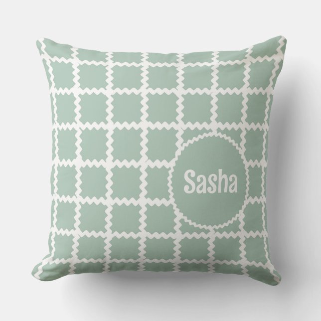 Sage Green Ric Rac Design for Girls with Name Throw Pillow (Front)