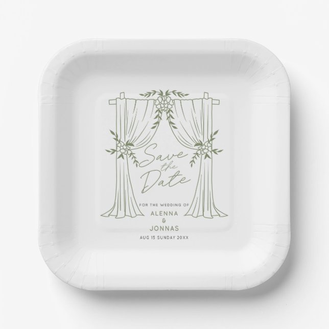 Sage Green Romance Save the Date Paper Plate (Front)