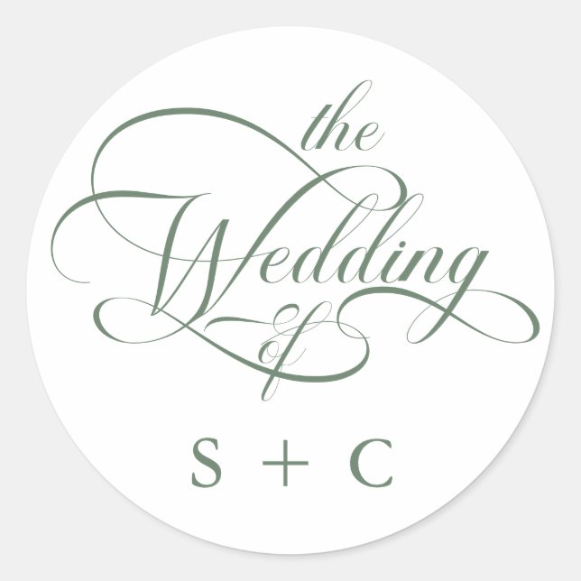 Sage Green Romantic Classy Calligraphy Wedding Classic Round Sticker (Front)