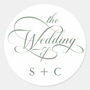Sage Green Romantic Classy Calligraphy Wedding Classic Round Sticker