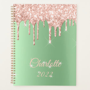 Sage Green Rose Gold Drip Glitter Sparkle Monogram Planner