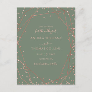 Sage Green Rose Gold Geometric Save the Date Announcement Postcard