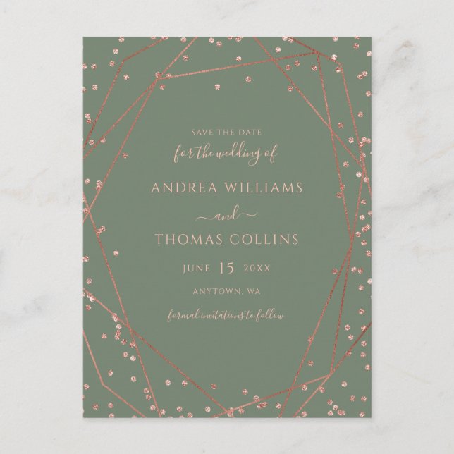 Sage Green Rose Gold Geometric Save the Date Announcement Postcard (Front)
