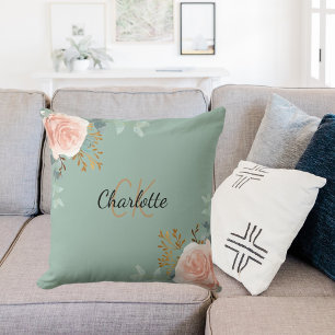 Sage green rose gold pink floral monogram name throw pillow