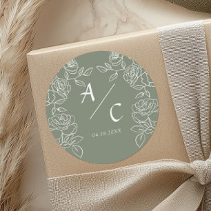 Sage Green Rose Wedding Monogram Couple Initials Classic Round Sticker