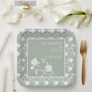 Sage Green Rose Wedding Shower Paper Plates