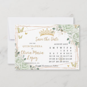 Sage Green Roses Floral Gold Quinceañera Calendar Save The Date