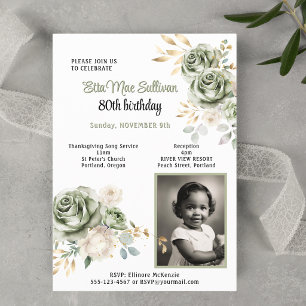 Sage green Roses gold leaves 80th birthday Photo Invitation