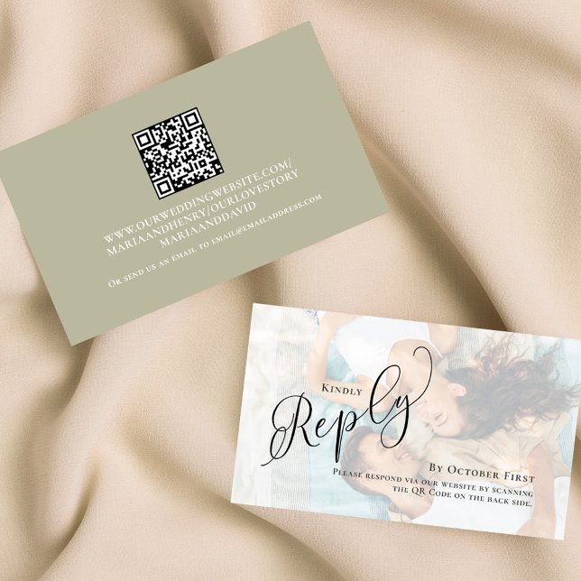 Sage Green RSVP Photo Elegant Wedding Enclosure Card (Simple sage green wedding reply card with a photo template and scannable QR Code. )