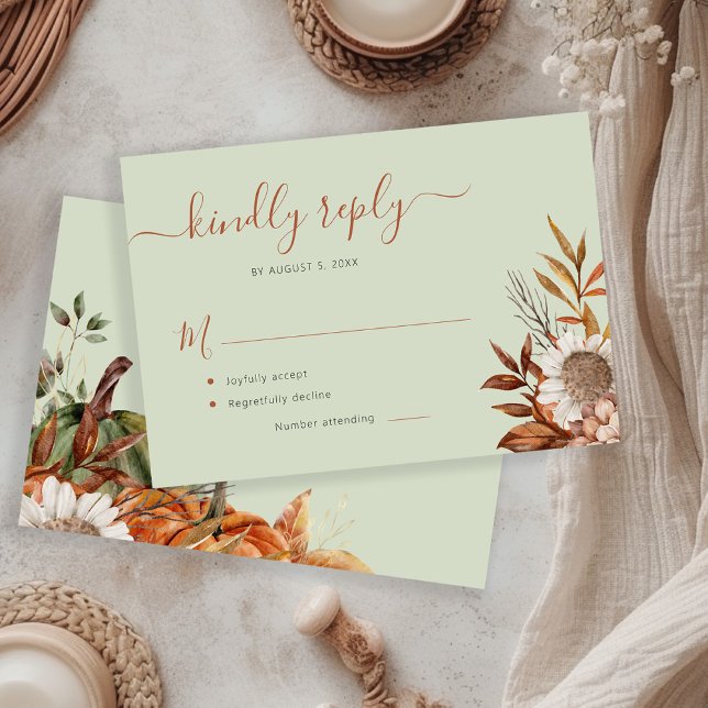 Sage green rust foliage boho floral wedding RSVP card (Creator Uploaded)