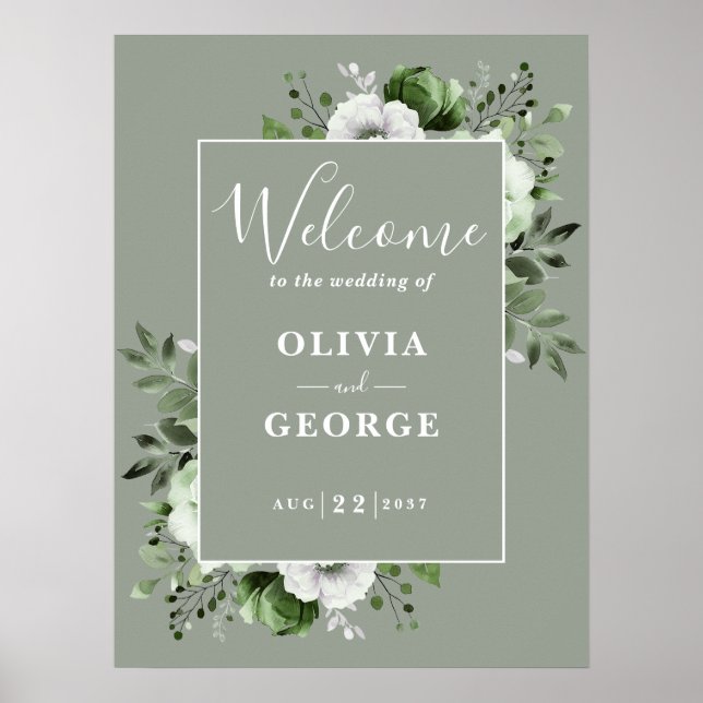 Sage Green Rustic Boho Floral Wedding Welcome Sign (Front)