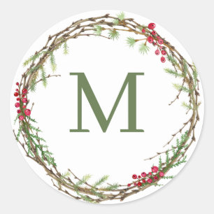 Sage Green Rustic Christmas Wreath Monogram Classic Round Sticker
