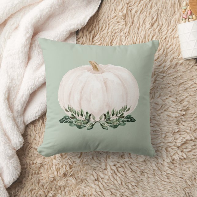 Sage Green Rustic Fall Pumpkin Watercolor Throw Pillow (Blanket)