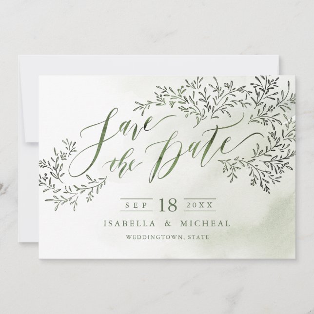 Sage green rustic floral calligraphy save the date (Front)