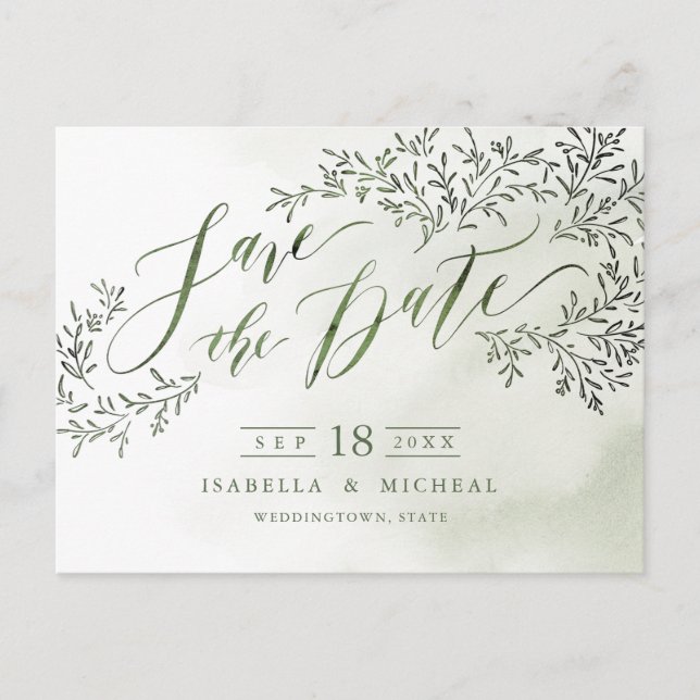 Sage green rustic floral calligraphy save the date announcement postcard (Front)