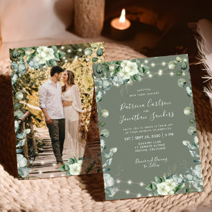 Sage green rustic floral lights photo wedding invitation