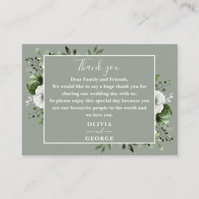 Sage Green Rustic Floral Wedding Thank You Place Card (Front)