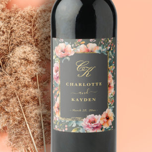 Sage Green Rustic Floral Wreath Monogram Wedding  Wine Label