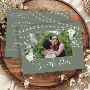 Sage green rustic lights floral wedding save date announcement postcard