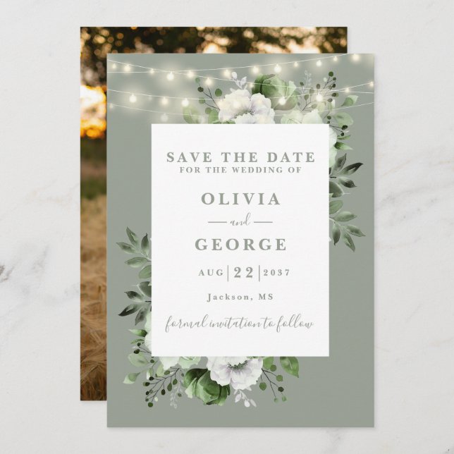 Sage Green Rustic String Lights Floral Photo Save The Date (Front/Back)