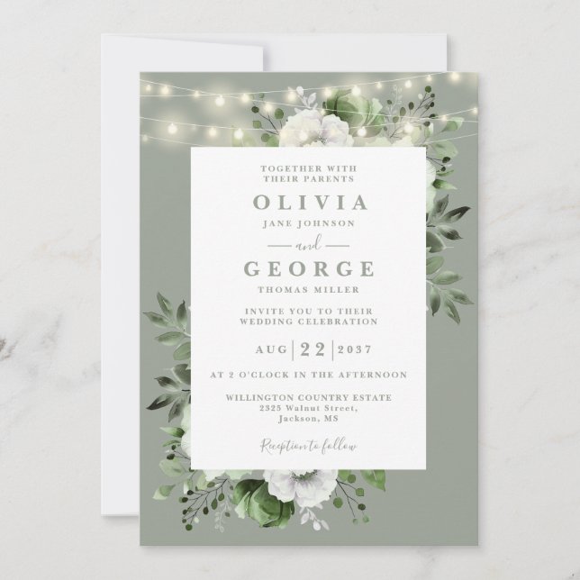 Sage Green Rustic String Lights Floral Wedding Invitation (Front)
