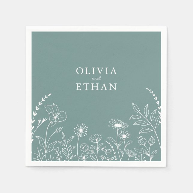 Sage Green, Rustic, Wildflowers Wedding Napkins (Front)