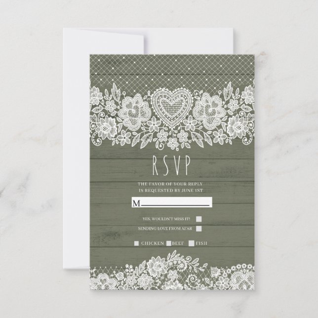 Sage Green Rustic Wood Lace Farmhouse Wedding RSVP (Front)