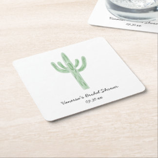 Sage Green Saguaro Cactus Bridal Shower Square Paper Coaster