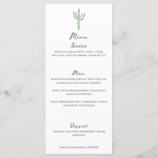 Sage Green Saguaro Cactus Vertical Wedding Menu