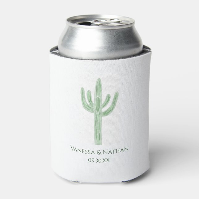 Sage Green Saguaro Cactus Wedding Can Cooler (Can Front)