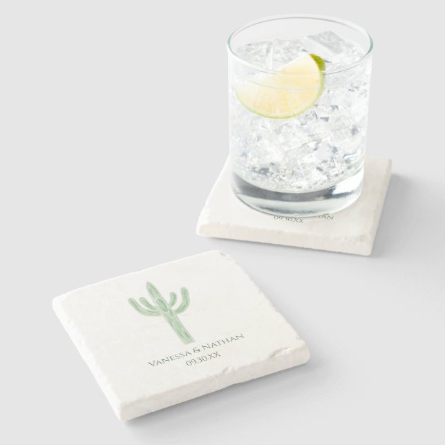 Sage Green Saguaro Cactus Wedding Favour Stone Coaster (Side)