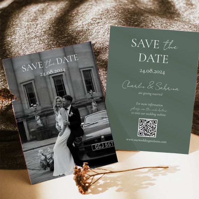 Sage Green Save the Date Card with Wedding QR Code (Creator Uploaded)