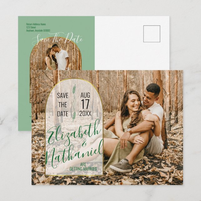 Sage Green Save the Date Custom Arch Photo Script Postcard (Front/Back)