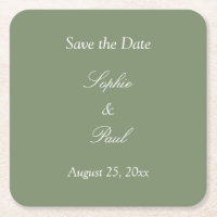 Sage Green Save the Date Square Paper Coaster 