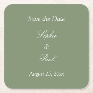 Sage Green Save the Date Square Paper Coaster