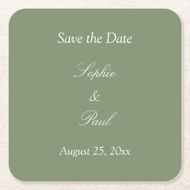 Sage Green Save the Date Square Paper Coaster  (Front)
