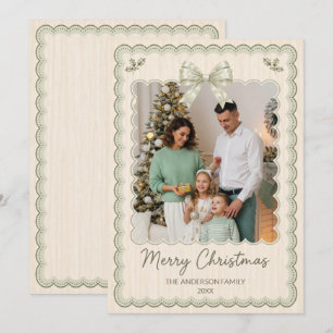 Sage Green Scalloped Bow Family Photo Christmas Holiday Card