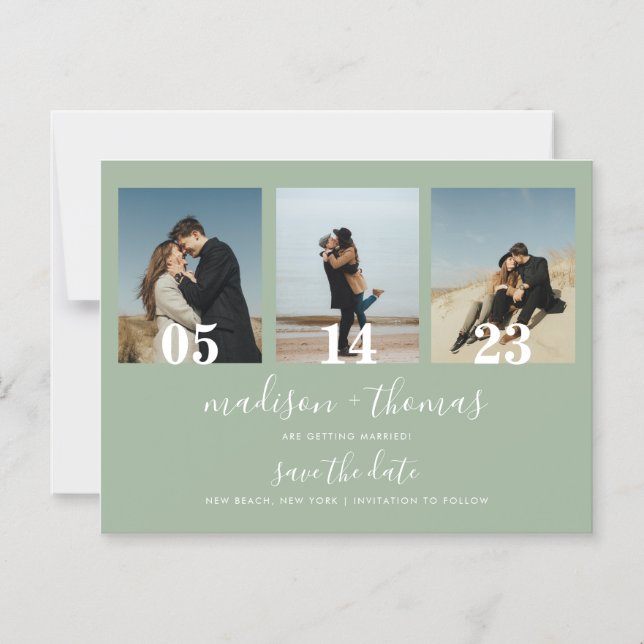 Sage Green Script 3 Photo Wedding Save The Date Magnetic Invitation (Front)