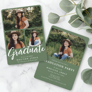 Sage Green Script 4 Photos Graduation Party Invitation