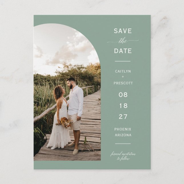 Sage Green Script Arch Photo QR Code Save the Date Postcard (Front)