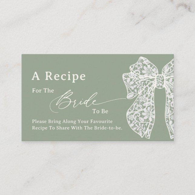 Sage Green Script Bow Share A Recipe Bridal Shower Enclosure Card (Front)