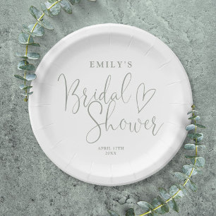 Sage Green Script Calligraphy Bridal Shower Paper Plate