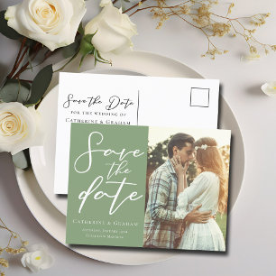 Sage Green Script Couple Photo Save the Photo Announcement Postcard