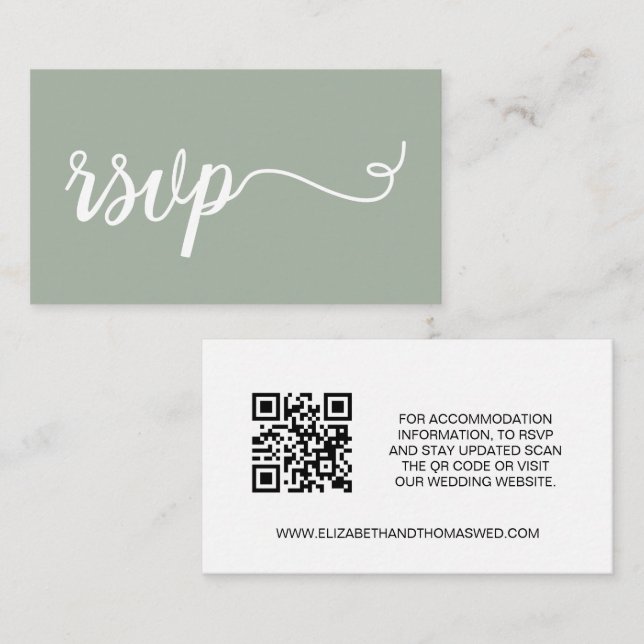 Sage green script Details Wedding website QR code  Enclosure Card (Front/Back)