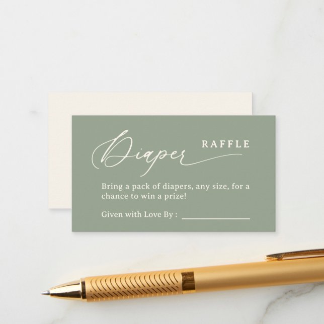 Sage Green Script Diaper Raffle Enclosure Card (Front/Back In Situ)