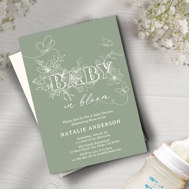Sage Green Script Flower Butterflies Baby In Bloom Invitation (Sage Green Script Flower Butterflies Baby In Bloom Invitation)
