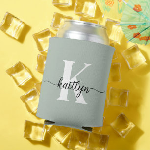 Sage Green Script Monogram Can Cooler