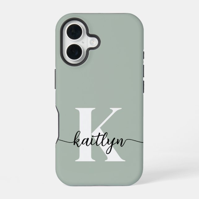 Sage Green Script Monogram iPhone 16 Case (Back)