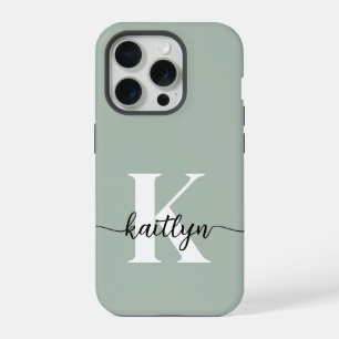 Sage Green Script Monogram iPhone 15 Pro Case